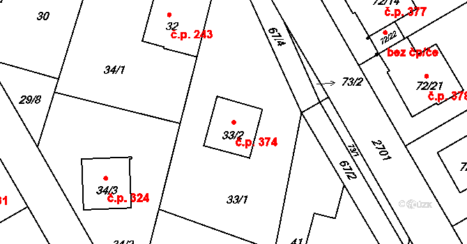 Lyžbice 374, Třinec na parcele st. 33/2 v KÚ Lyžbice, Katastrální mapa