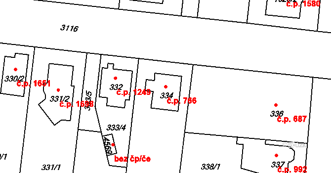 Čelákovice 766 na parcele st. 334 v KÚ Čelákovice, Katastrální mapa