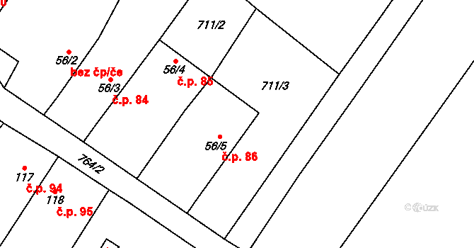 Střelice 86, Uničov na parcele st. 56/5 v KÚ Střelice u Litovle, Katastrální mapa