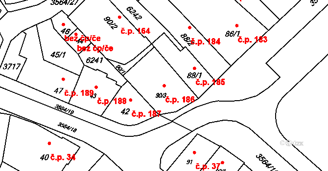 Rožnov pod Radhoštěm 186 na parcele st. 90/3 v KÚ Rožnov pod Radhoštěm, Katastrální mapa