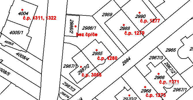 Žabovřesky 1280, Brno na parcele st. 2985 v KÚ Žabovřesky, Katastrální mapa