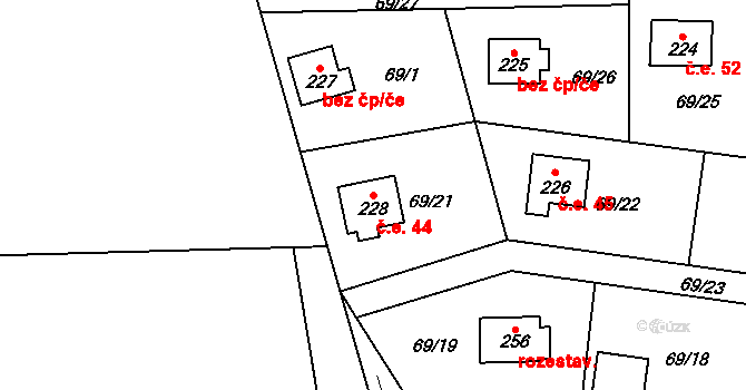 Žerotín 44 na parcele st. 228 v KÚ Žerotín u Panenského Týnce, Katastrální mapa
