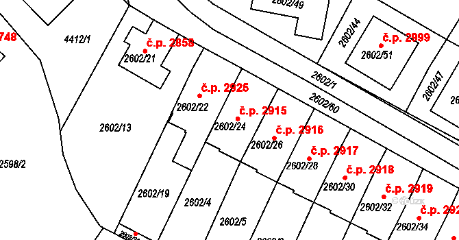 Teplice 2915 na parcele st. 2602/24 v KÚ Teplice, Katastrální mapa