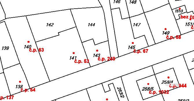 Ruzyně 249, Praha na parcele st. 143 v KÚ Ruzyně, Katastrální mapa