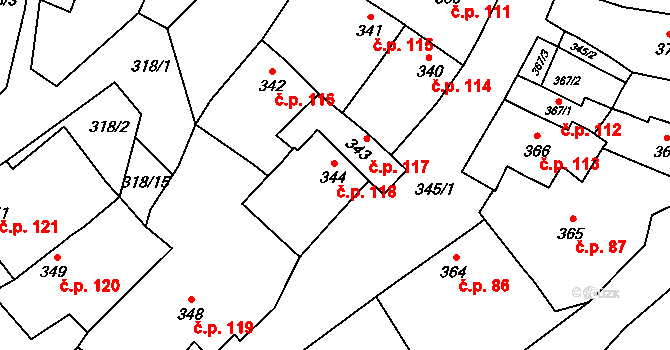 Pozořice 118 na parcele st. 344 v KÚ Pozořice, Katastrální mapa
