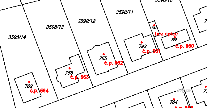 Březolupy 562 na parcele st. 755 v KÚ Březolupy, Katastrální mapa