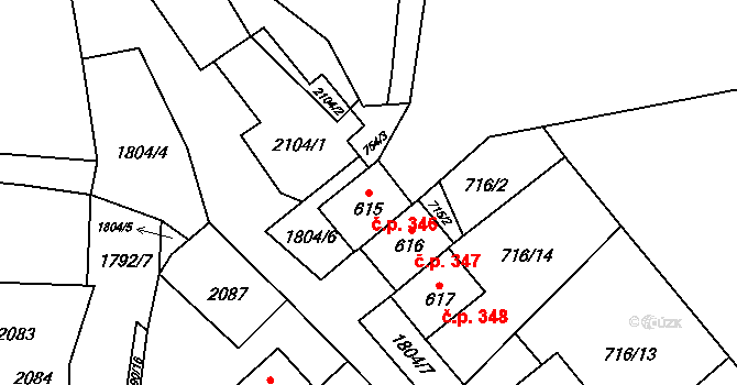 Ryžoviště 346 na parcele st. 615 v KÚ Ryžoviště, Katastrální mapa