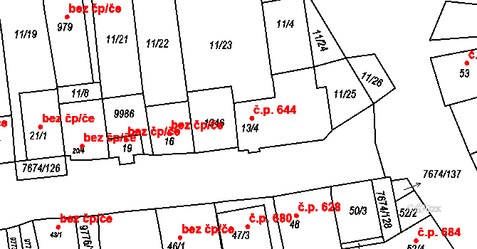 Dolní Dunajovice 644 na parcele st. 13/4 v KÚ Dolní Dunajovice, Katastrální mapa
