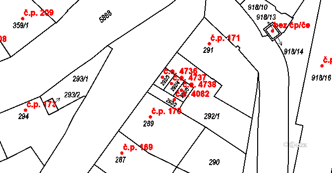 Jihlava 4736 na parcele st. 292/3 v KÚ Jihlava, Katastrální mapa