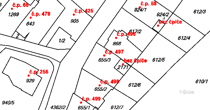 Valašské Klobouky 497 na parcele st. 655/3 v KÚ Valašské Klobouky, Katastrální mapa