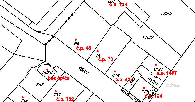 Neratovice 70 na parcele st. 74 v KÚ Neratovice, Katastrální mapa