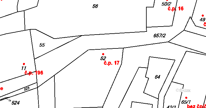 Tuchoměřice 17 na parcele st. 52 v KÚ Tuchoměřice, Katastrální mapa
