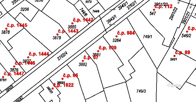 Bílé Předměstí 109, Pardubice na parcele st. 3881 v KÚ Pardubice, Katastrální mapa
