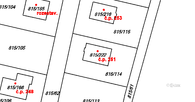 Šindlovy Dvory 251, Litvínovice na parcele st. 815/222 v KÚ Litvínovice, Katastrální mapa