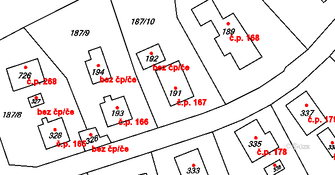 Roztoky 167 na parcele st. 191 v KÚ Roztoky u Křivoklátu, Katastrální mapa