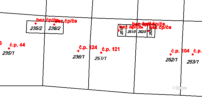Lubenec 121 na parcele st. 251/1 v KÚ Lubenec, Katastrální mapa
