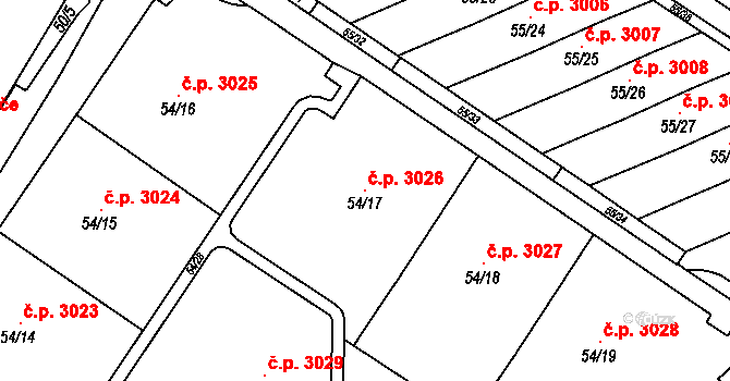 Rožnov pod Radhoštěm 3026 na parcele st. 54/17 v KÚ Tylovice, Katastrální mapa