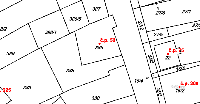 Uhřičice 52 na parcele st. 386 v KÚ Uhřičice, Katastrální mapa