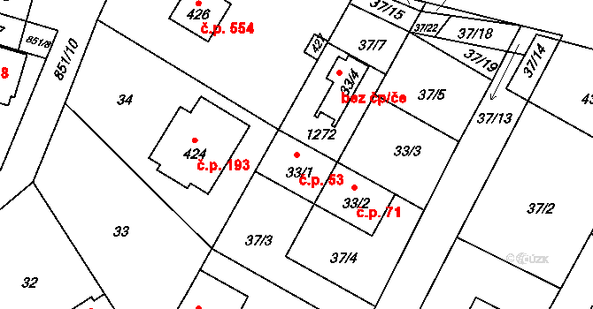Lázně Toušeň 53 na parcele st. 33/1 v KÚ Lázně Toušeň, Katastrální mapa