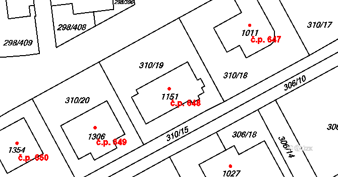 Horoměřice 648 na parcele st. 1151 v KÚ Horoměřice, Katastrální mapa