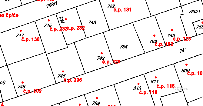 Hřebeč 129 na parcele st. 742 v KÚ Hřebeč, Katastrální mapa
