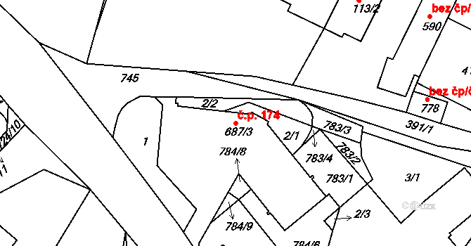 Ládví 174, Kamenice na parcele st. 687/3 v KÚ Ládví, Katastrální mapa