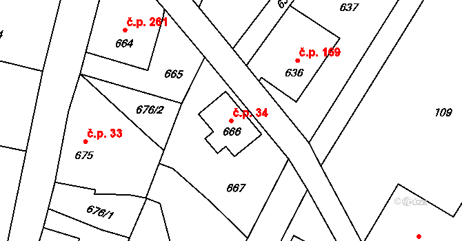 Donín 34, Hrádek nad Nisou na parcele st. 666 v KÚ Donín u Hrádku nad Nisou, Katastrální mapa
