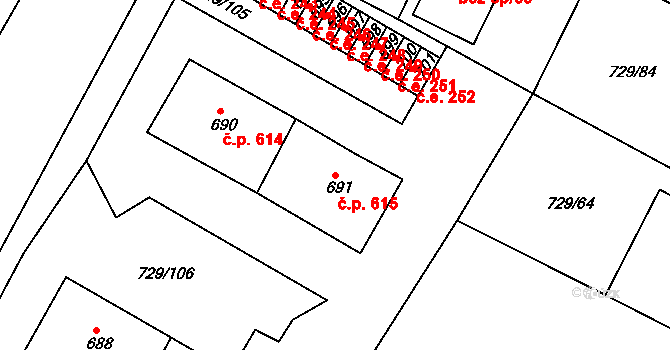 Osek 615 na parcele st. 691 v KÚ Osek u Duchcova, Katastrální mapa