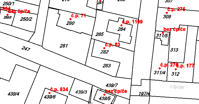 Kosmonosy 83 na parcele st. 282 v KÚ Kosmonosy, Katastrální mapa