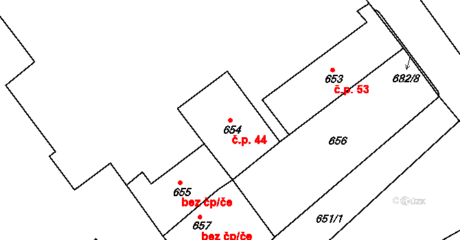 Novosedlice 44 na parcele st. 654 v KÚ Novosedlice, Katastrální mapa