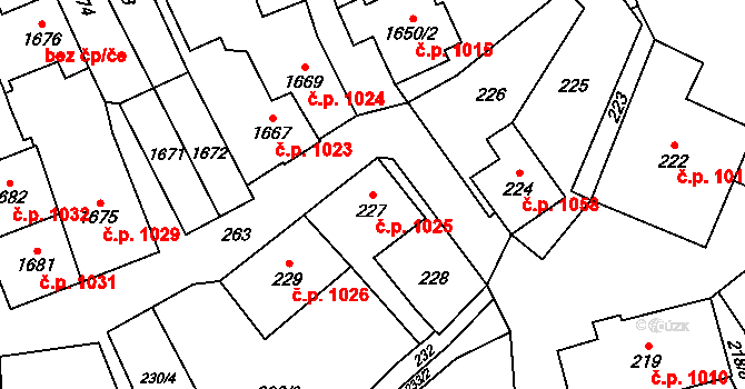 Jablunkov 1025 na parcele st. 227 v KÚ Jablunkov, Katastrální mapa