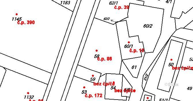 Jablůnka 86 na parcele st. 58 v KÚ Jablůnka, Katastrální mapa