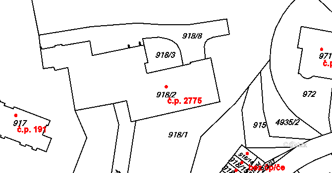 Smíchov 2775, Praha na parcele st. 918/2 v KÚ Smíchov, Katastrální mapa