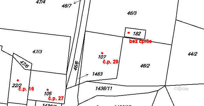 Prosenická Lhota 29 na parcele st. 107 v KÚ Prosenická Lhota, Katastrální mapa
