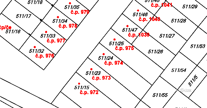 Mutěnice 974 na parcele st. 511/24 v KÚ Mutěnice, Katastrální mapa