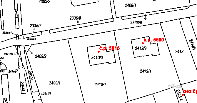 Chomutov 5616 na parcele st. 2410/3 v KÚ Chomutov II, Katastrální mapa