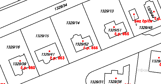 Dolní Počernice 866, Praha na parcele st. 1329/52 v KÚ Dolní Počernice, Katastrální mapa