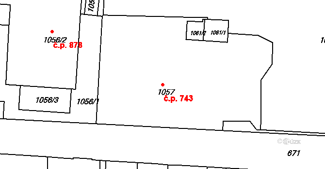 Podbořany 743 na parcele st. 1057 v KÚ Podbořany, Katastrální mapa