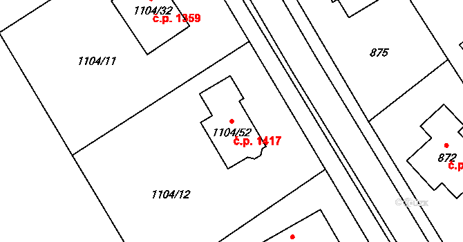 Bystřice 1417 na parcele st. 1104/52 v KÚ Bystřice nad Olší, Katastrální mapa