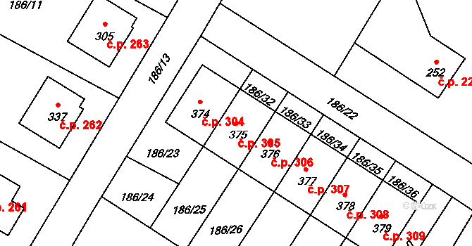 Sedlec 305, Sedlec-Prčice na parcele st. 375 v KÚ Sedlec u Votic, Katastrální mapa