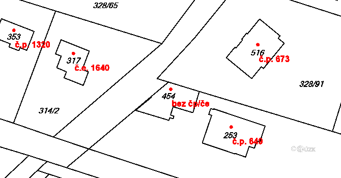 Kamenice 39896978 na parcele st. 454 v KÚ Štiřín, Katastrální mapa