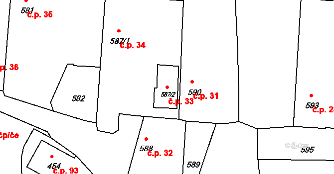 Oldřišov 33 na parcele st. 587/2 v KÚ Oldřišov, Katastrální mapa