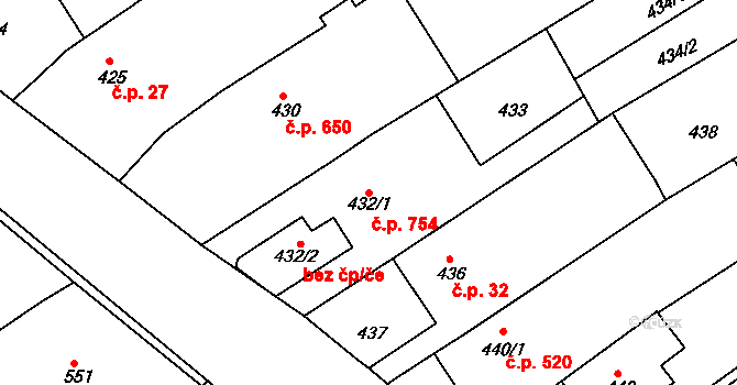 Buchlovice 754 na parcele st. 432/1 v KÚ Buchlovice, Katastrální mapa