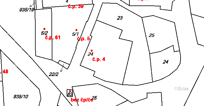 Předbořice 4, Kovářov na parcele st. 24 v KÚ Předbořice u Zahořan, Katastrální mapa