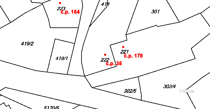 Pocinovice 35 na parcele st. 222 v KÚ Pocinovice, Katastrální mapa