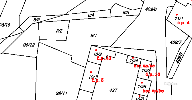 Horní Miletín 43, Lišov na parcele st. 10/3 v KÚ Horní Miletín, Katastrální mapa