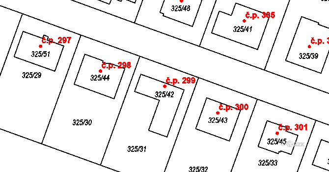 Hlušovice 299 na parcele st. 325/42 v KÚ Hlušovice, Katastrální mapa