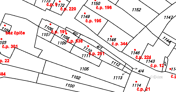 Koryčany 291 na parcele st. 1110 v KÚ Koryčany, Katastrální mapa