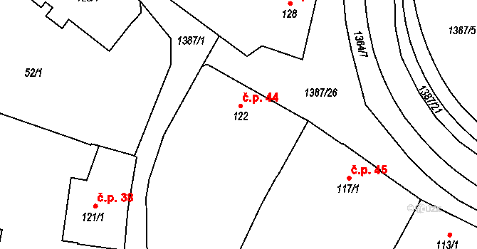 Vranov nad Dyjí 44 na parcele st. 122 v KÚ Vranov nad Dyjí, Katastrální mapa