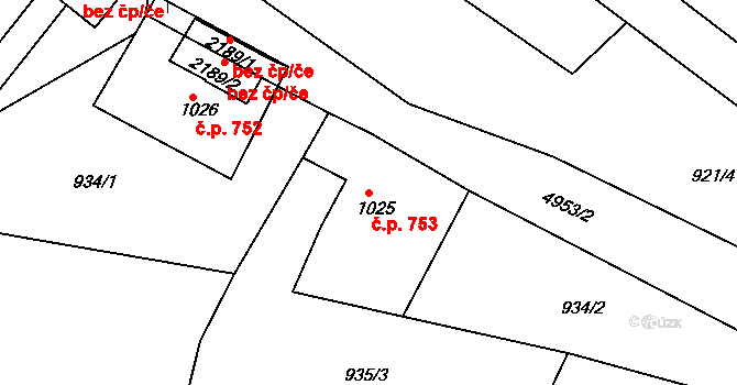 Jáchymov 753 na parcele st. 1025 v KÚ Jáchymov, Katastrální mapa